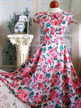 FIT 'n FLARE DRESS, 12, PINK & GREEN 50s STYLE MIDI SWING DANCE, HEARTS & ROSES